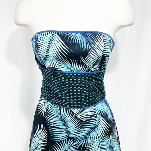 Free People Palm Tree Smocked Tie Back Dress Embroidered Black Aqua 8 - Picture 2 of 10